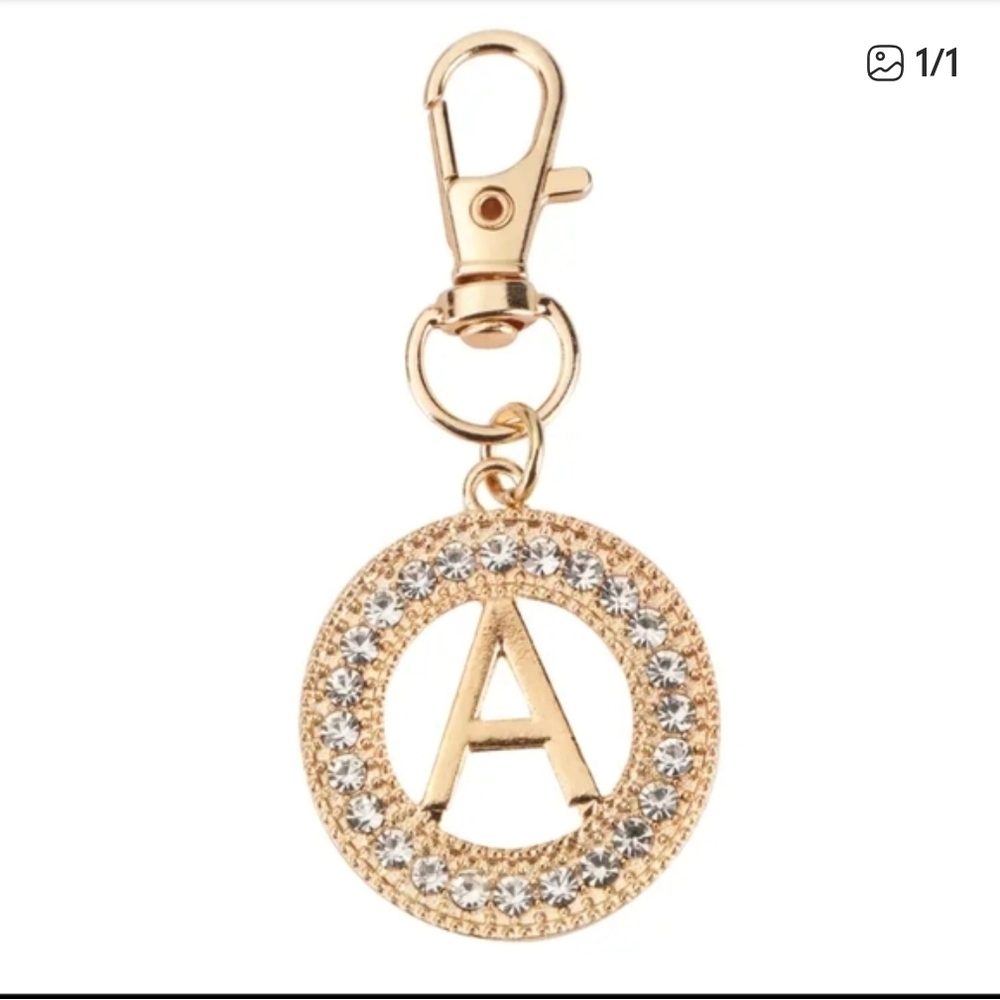 SOLD.  Gold Initial 'A' Crystal Circle Charm Keychain